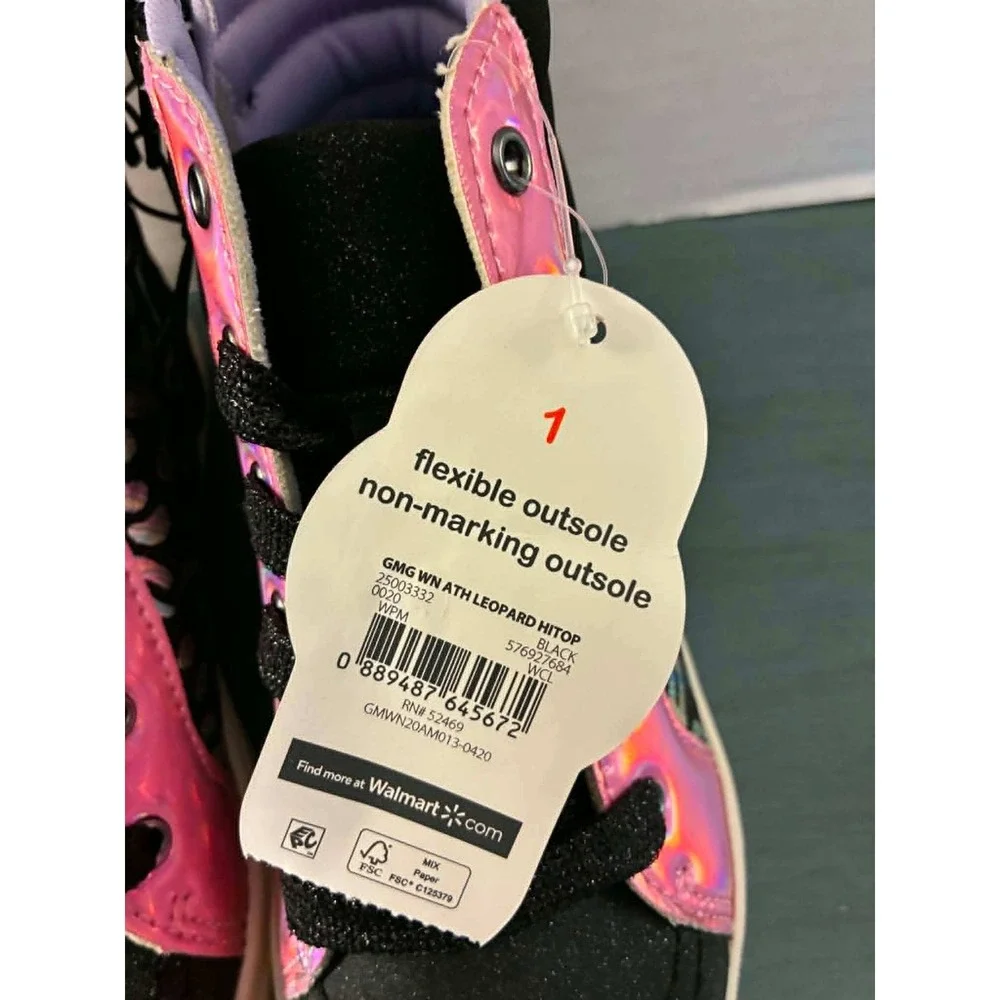 Wonder Nation High Top Sneakers Girls Size 1 Black Pink Leopard Lace Up New